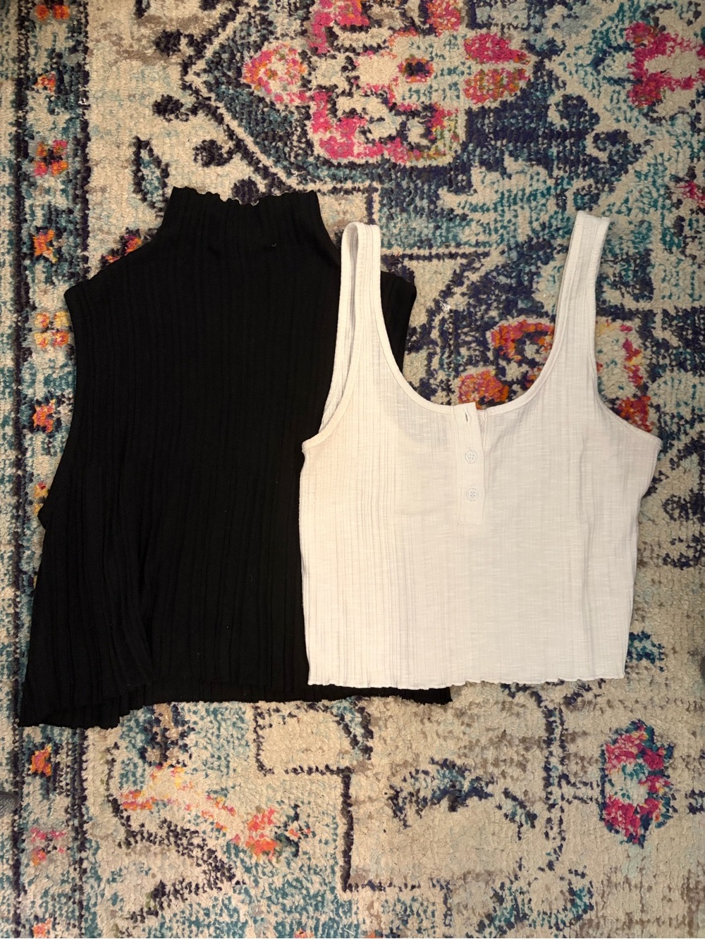 Kerisma Black Ribbed Mock Neck Tank & White Ribbed Henley Crop Top Bundle